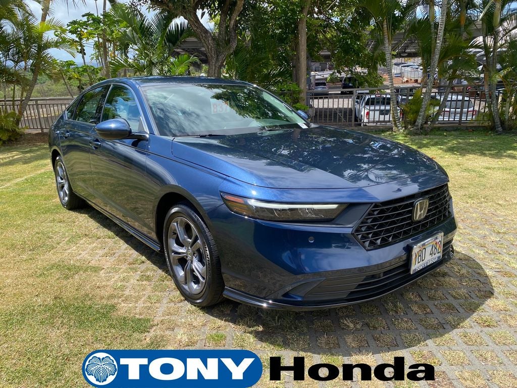 2024 Honda Accord Hybrid EX-L in Canyon River Blue Metallic — front three-quarter view