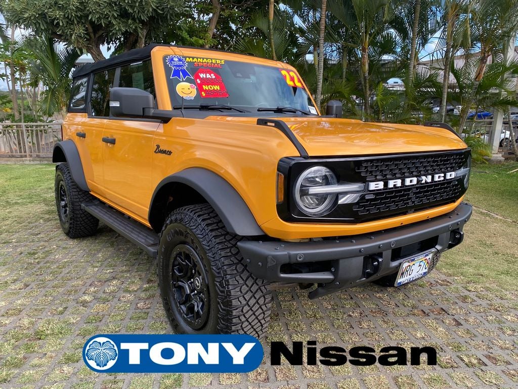 2022 Ford Bronco Wildtrak in Orange Metallic — front three-quarter view